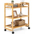 servierwagen bambus kuechenwagen mit rollen natur 60 x 33 x 72 cm rollwagen mit 3 ebenen griff 3 haken mobiler allzweckwagen aufbewahrungswagen fuer kueche bad wohnzimmer