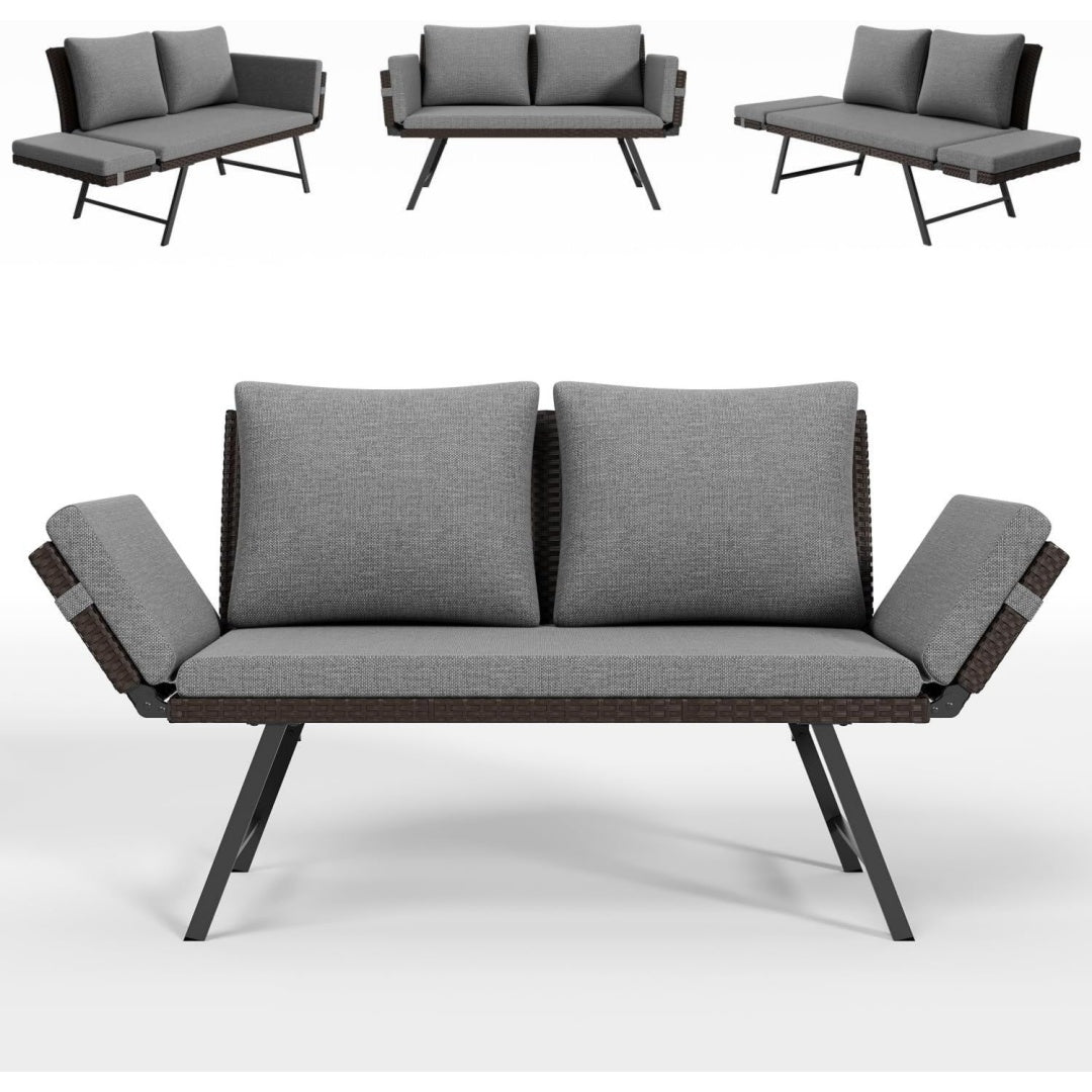 gartenbank rattan wetterfest mit liegefunktion 2-3 sitzer gartensofa balkonsofa mit kissen polster verstellbare armlehnen bis 220kg outdoor sofa bank fuer klein balkon terrasse garten -grau