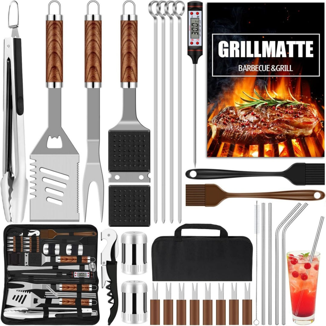 grilliance grill grillbesteck set 30 grillzubehoer aus hochwertiger edelstahl grillzange grillspachtel korkenzieher grillset mit grillkoffer und grillmatte fuer maenner geschenk fuer garten camping braun