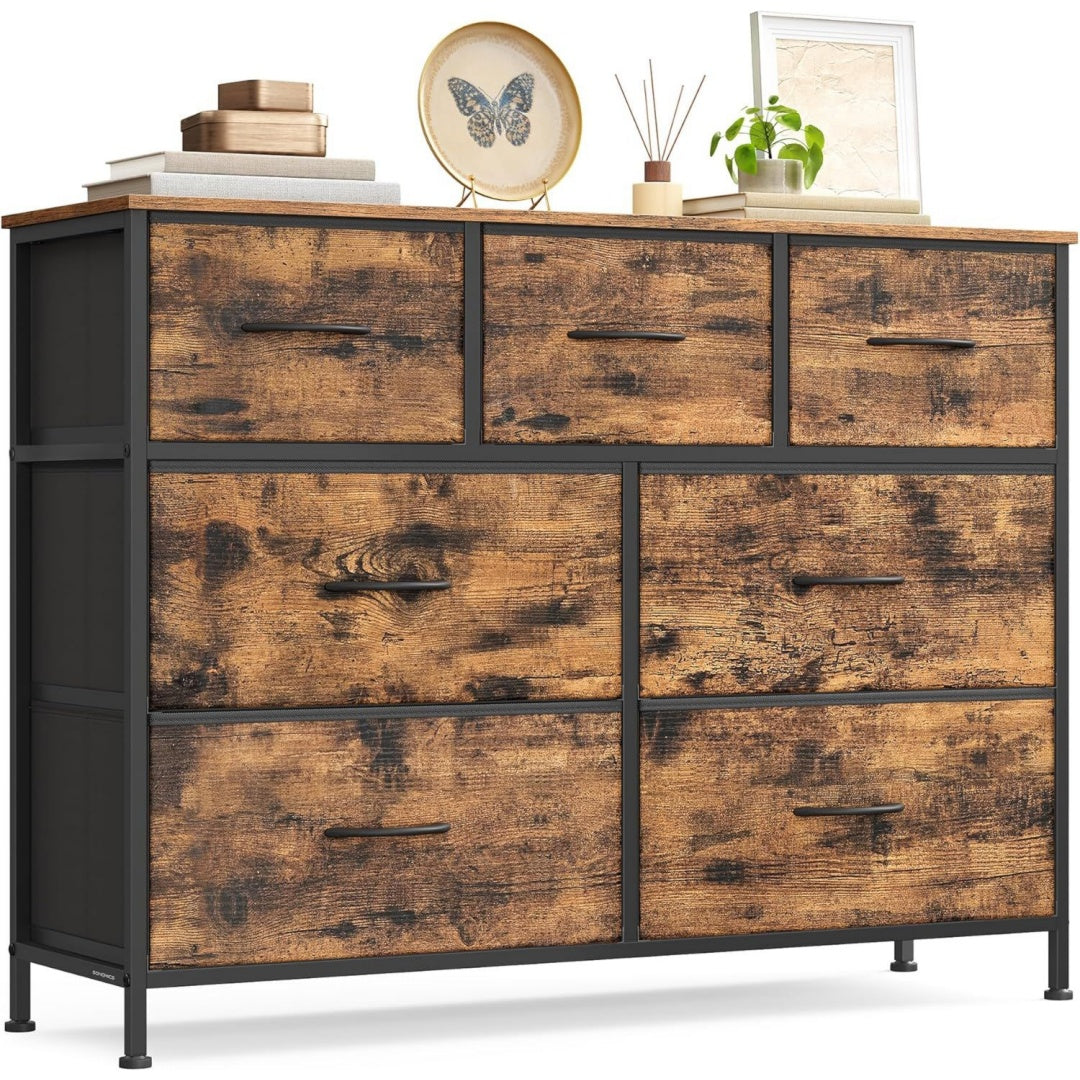 kommode aufbewahrungsschrank 7 schubladen stahl schrank modern fuer schlafzimmer flur wohnzimmer tintenschwarz und rustikales braun bellah kollektion lgs323bh04