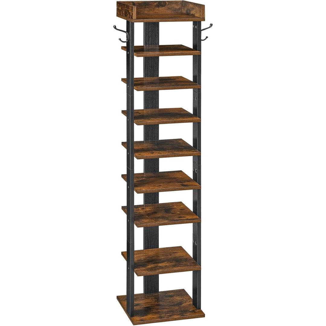 hoobro schuhregal vertikales schuhablage 9-lagiges schuhschrank schmale schuhstaender mit zaun und haken platzsparend fuer flur wohnzimmer schlafzimmer dunkelbraun-schwarz ebf81xj01g2