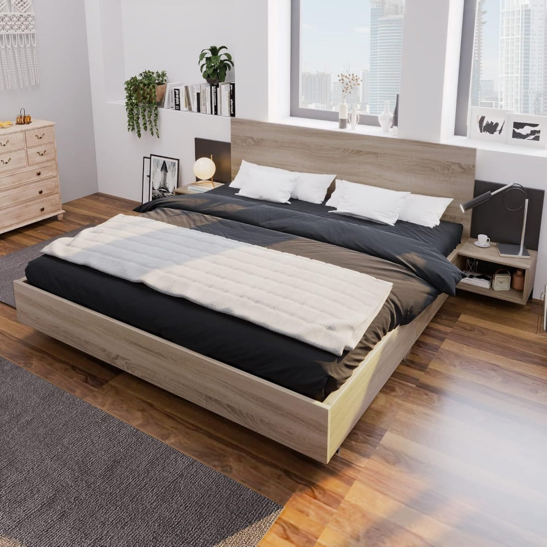 holzbett doppelbett bettanlage mit 2 nachtkommoden 160 x 200 cm modernes bett mit lattenrost und kopfteil schlafzimmer komplett set in eiche dunkelgrau fuer erwachsene jugendliche