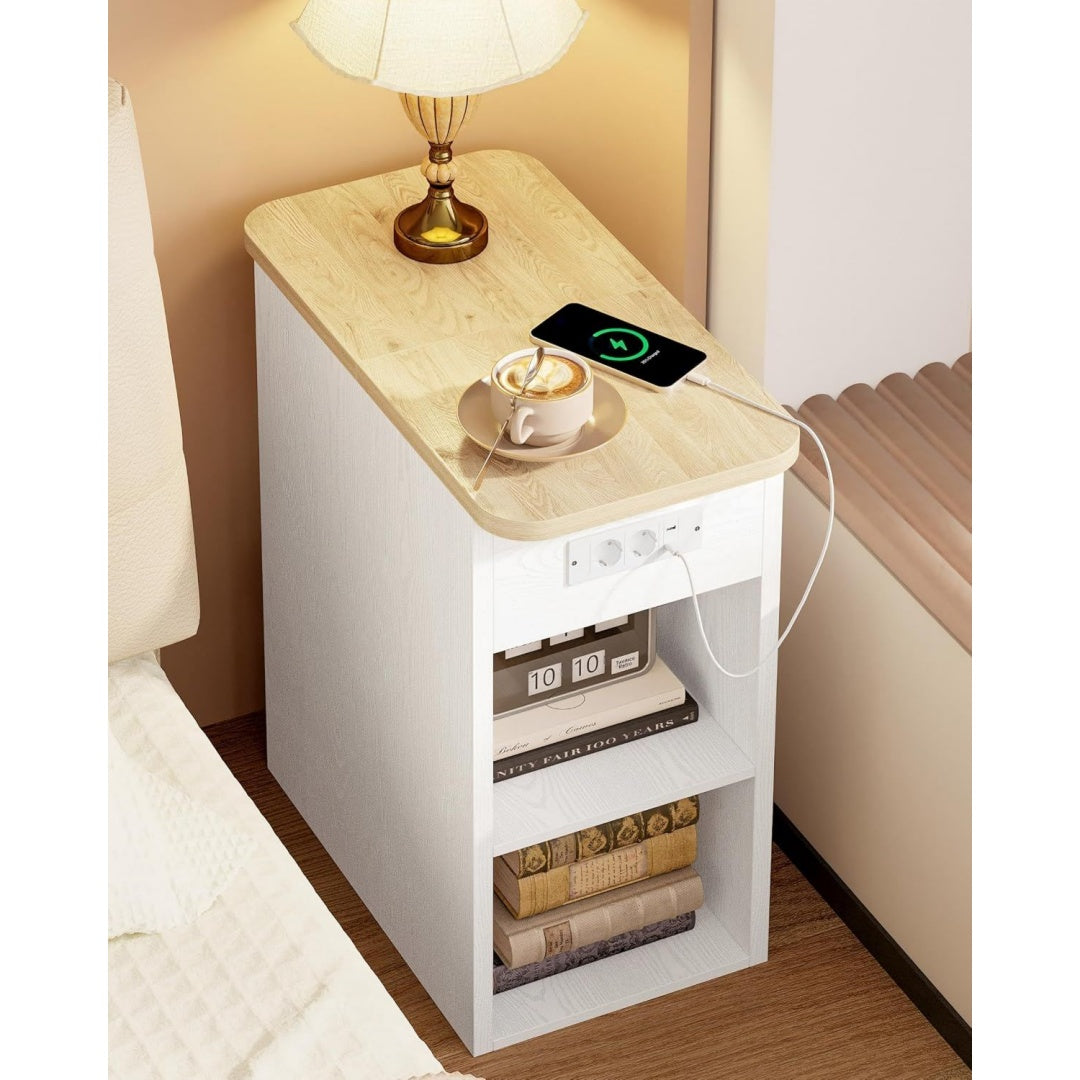 ironck nachttisch schmal beistelltisch mit steckdose 2 wechselstrom 2 usb-anschluesse holz sofatisch couchtisch mit flip geheimfach 2 offene faecher nachtschrank fuer wohnzimmer schlafzimmerweiss
